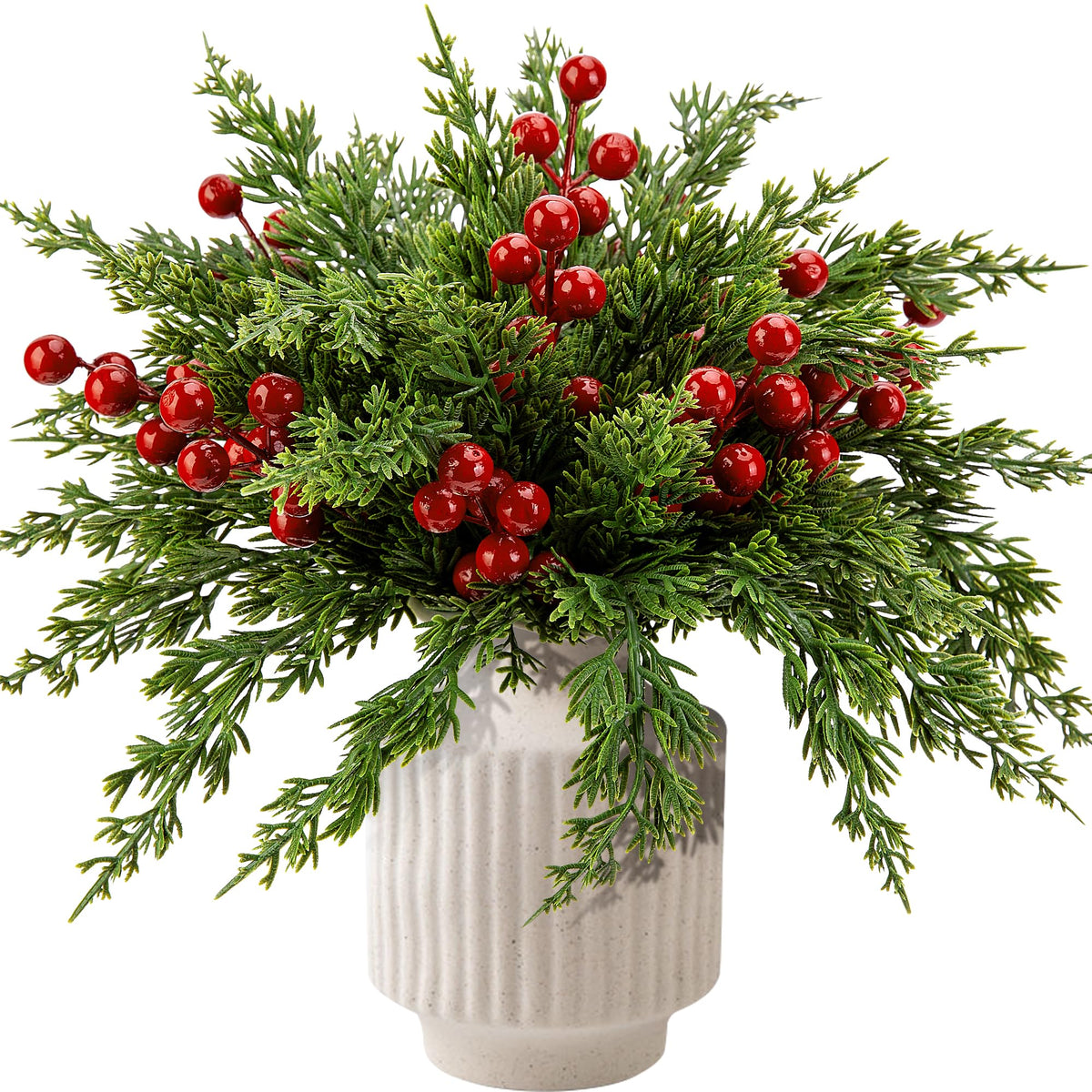 60 Pcs Christmas Artificial Pine Branches Red Berry Stems Faux Xmas Sprigs
