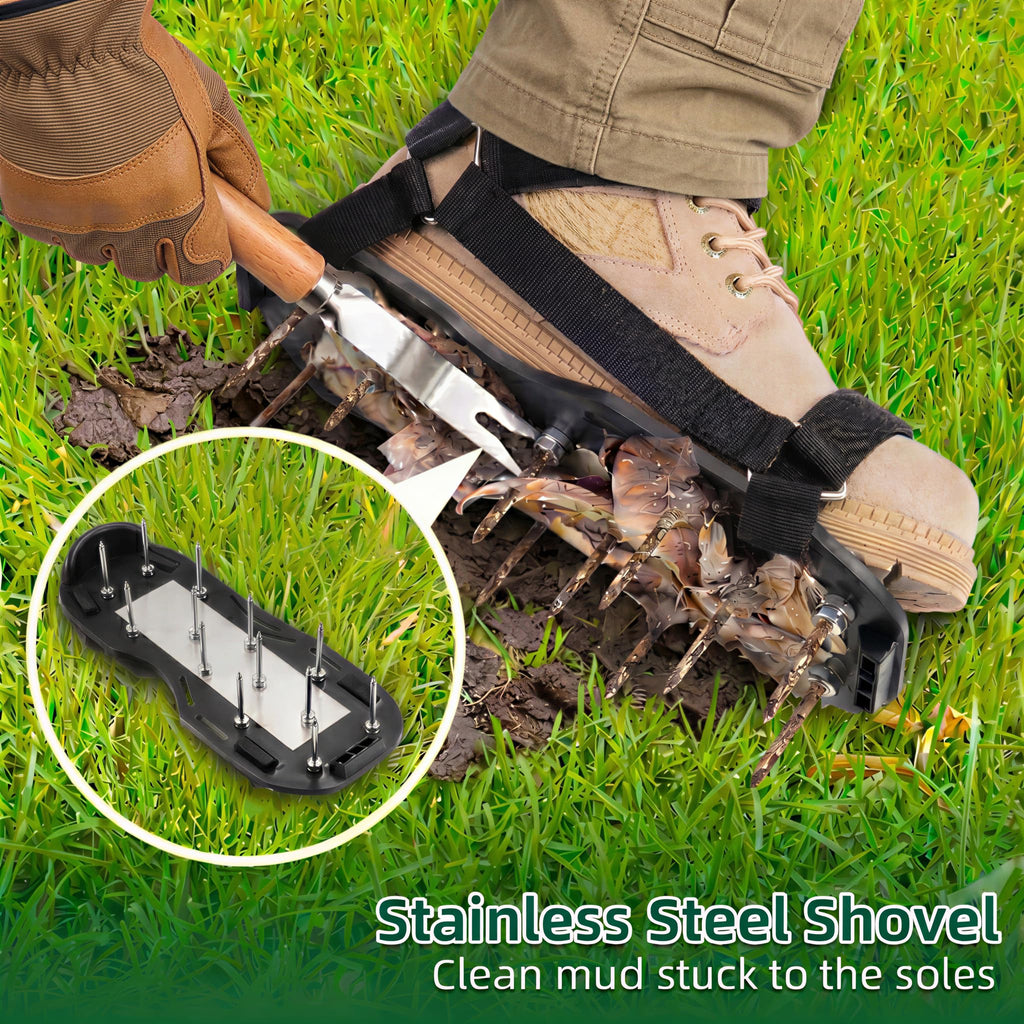 rosgel Lawn Aerator Shoes Pre-Assembled - 26 Heavy Duty Steel Spikes (2.4"), Stainless Steel Base Plate, Adjustable Metal Buckle Straps - Walk Behind Grass Aerator Sandals for Yard Lawn Care
