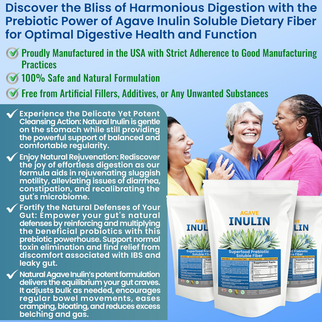 Organic Inulin Powder (48oz/3 lbs) Gentle Agave Prebiotic Soluble Fiber Supplement for Digestive Support, Gut Health, Vegan Baking, Smoothies & Drinks