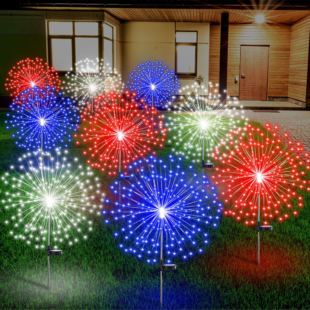 Tujoe 9 Pcs 4th of July Solar Firework Stake Lights 180 LED 8 Modes Solar Waterproof LED Sparkler Lights Outdoor Patriotic Decoration for Memorial Independence Day Garden Patio Yard (Red, Blue, White)