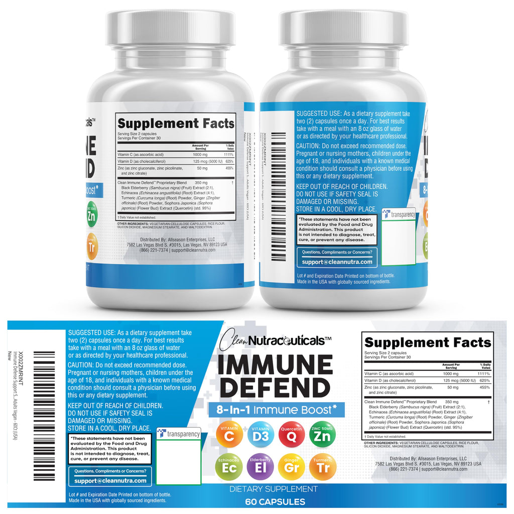 Clean Nutraceuticals Immune Defense Support Supplement 8 in 1 with Zinc 50mg Quercetin, VIT C 1000mg, Vitamin D3 5000 IU, Elderberry, Ginger - Immunity System Booster for Adults, Vegan - 60 Count