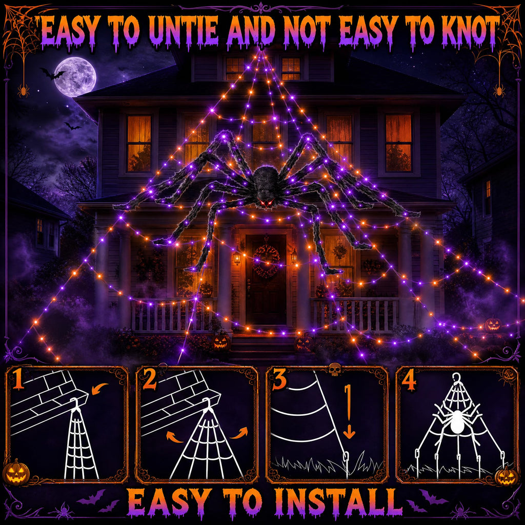 Halloween Decorations 16 Ft Spider Web Lights, Super-Realistic Giant Cobweb Indoor/Outdoor Purple Lights, Battery & 8 Modes Remote Control