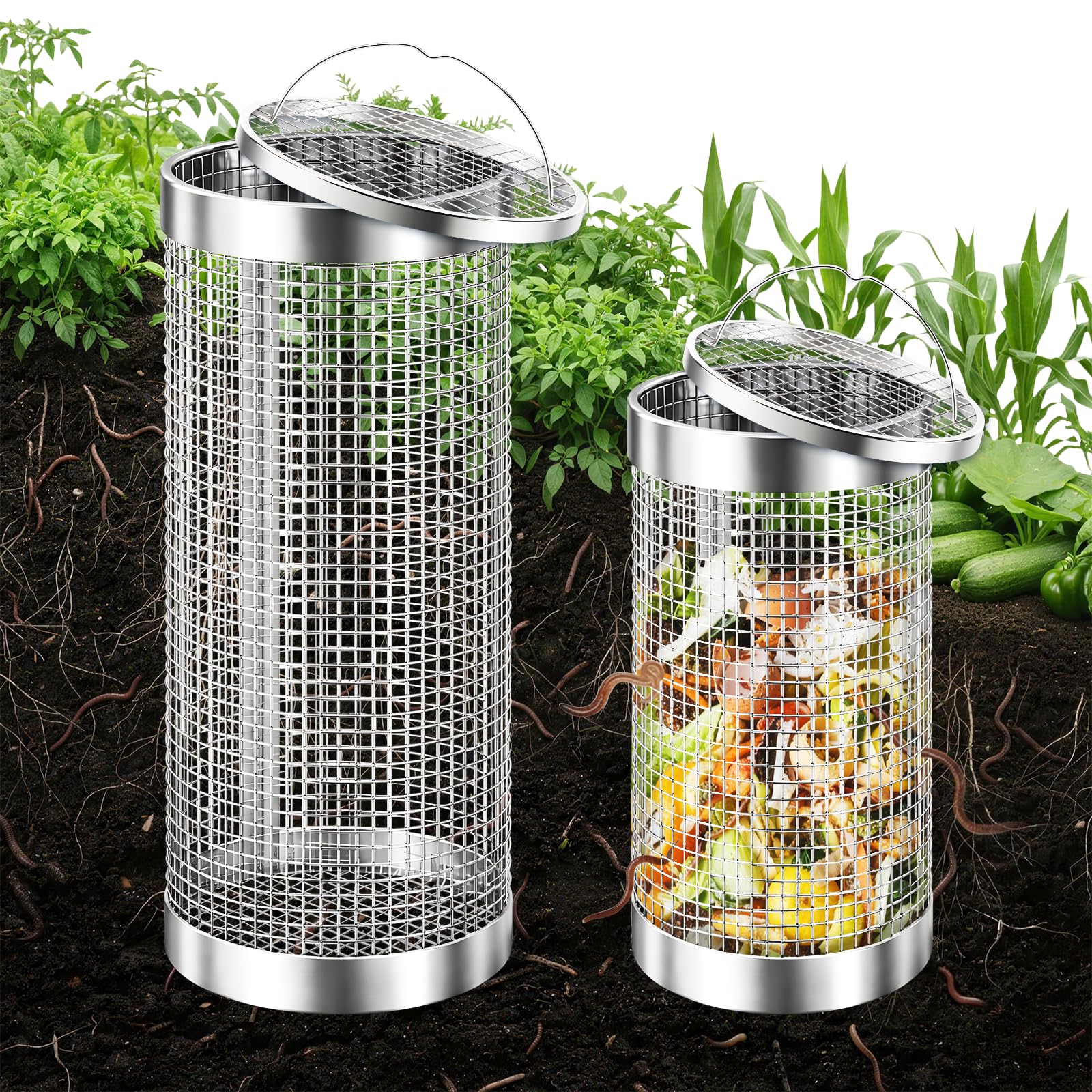 2 Pack Worm Composter Worm Bin, Stainless Steel Inground Compost Bin with Handle, Metal Worm Composting System for Kitchen Food Waste Recycling, Outdoor Garden Vermicomposting Bin w/Lid, Easy Install