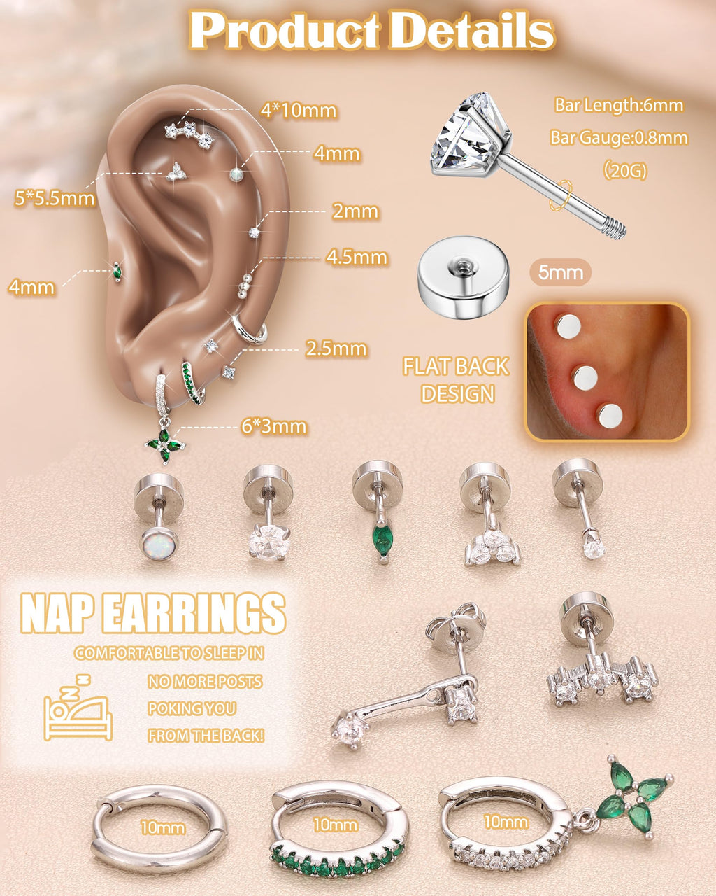 MILACOLATO Hypoallergenic Flat Back Earrings Silver Cartilage Earring Sets for Multiple Piercing 20G Surgical Stainless Steel Earrings for Women Trendy Earring Stacks Small Hoop Flatback Stud Earrings SG