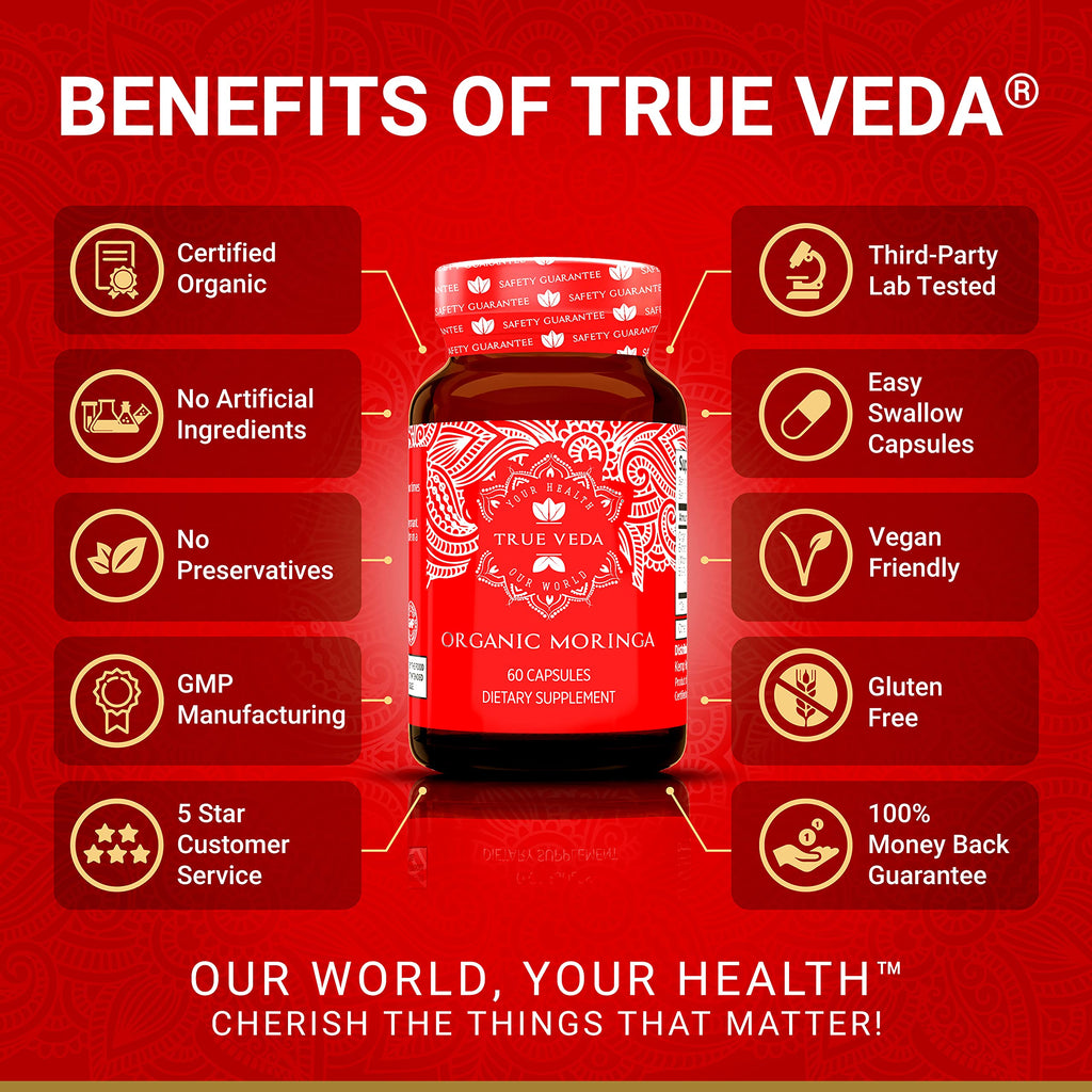 USDA Organic Moringa Capsules | Moringa Organic Pure Tablets | Vegan Premium Herbal Supplement from 10:1 Leaf Extract | Natural Plant-Based Support | 60 Capsules