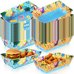 100 Pcs Pool Party Decorations, 5.94" x 3.34" x 2.16" Summer Beach Pool Party Snack Trays, Disposable Paper Food Trays with 2 Designs, Serving Plates for Tropical Hawaiian Summer Themed Decorations