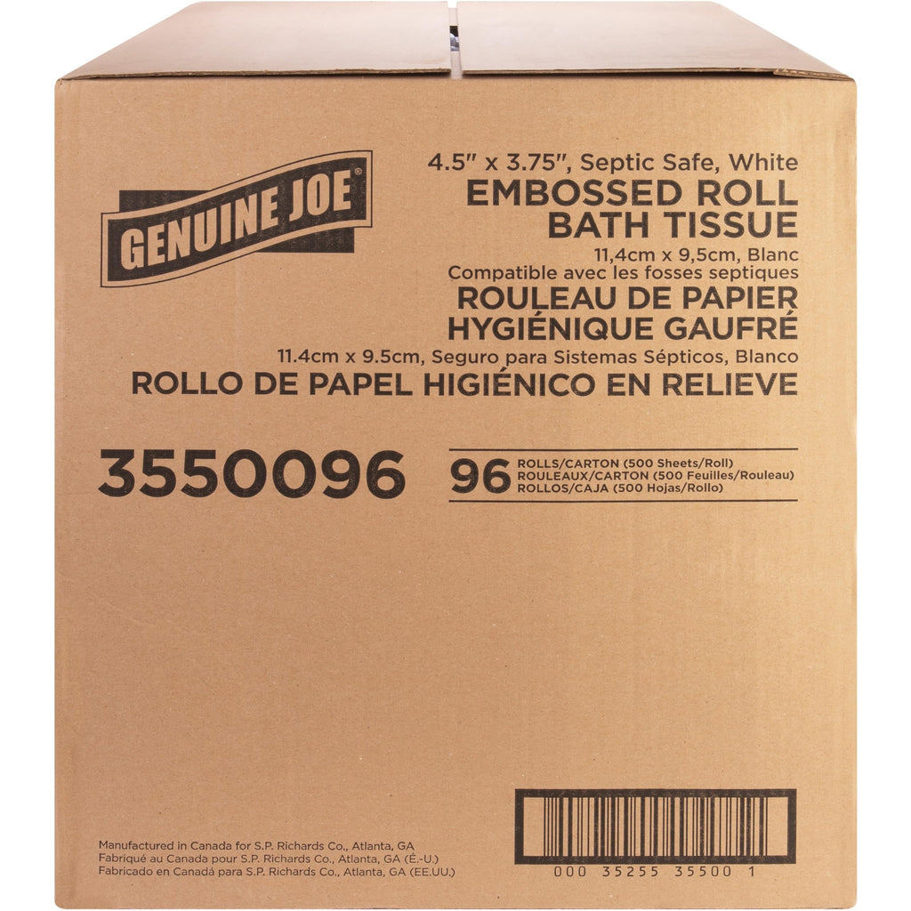 Genuine Joe Embossed Bath Tissue, 2-Ply, Septic Safe, Individually Wrapped, 4.5" x 3.75", 500 Sheets/Roll, 96 Count