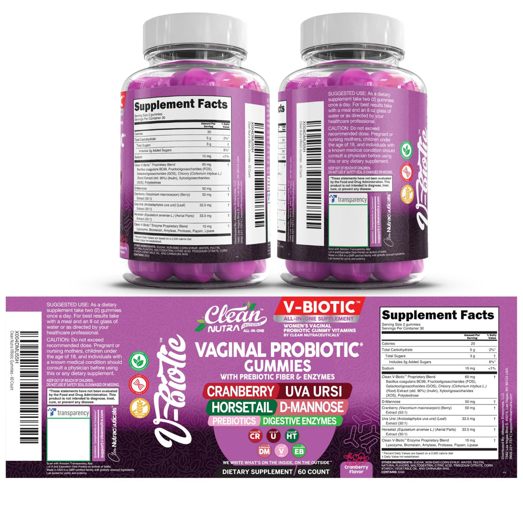 Clean Nutra Vbiotic Gummies, Cranberry, Horsetail, D-Mannose, UVA-Ursi, Probiotic Blend, Enzyme Blend, 60 Count (2)