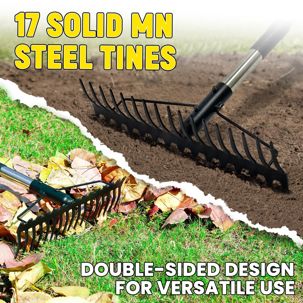 BlumeTrec Bow Rake, 68-Inch Adjustable Handle Garden Rake with 17 Steel Tines, Heavy Duty Dual-Sided Metal Rake Landscape Gardening Tool for Soil Loosening Lawn Yard Leaves Mulch Thatch Removing