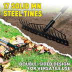 BlumeTrec Bow Rake, 68-Inch Adjustable Handle Garden Rake with 17 Steel Tines, Heavy Duty Dual-Sided Metal Rake Landscape Gardening Tool for Soil Loosening Lawn Yard Leaves Mulch Thatch Removing