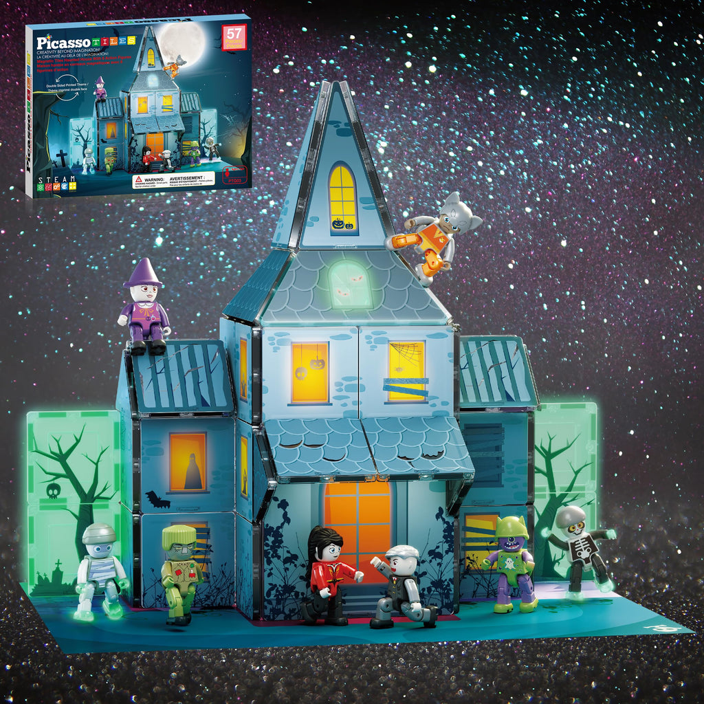 PicassoTiles 57 PCS Magnetic Tiles Halloween Haunted House STEM Set Ages 3+