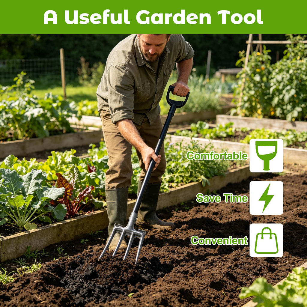 Lcokeiy Pitch Fork, Metal Broadfork Garden Tool Long Handle, 4 Tine Mulch Hay Manure Digging Bedding Hay Potato Garden Fork Shovel for Gardening Loosening Soil Compost