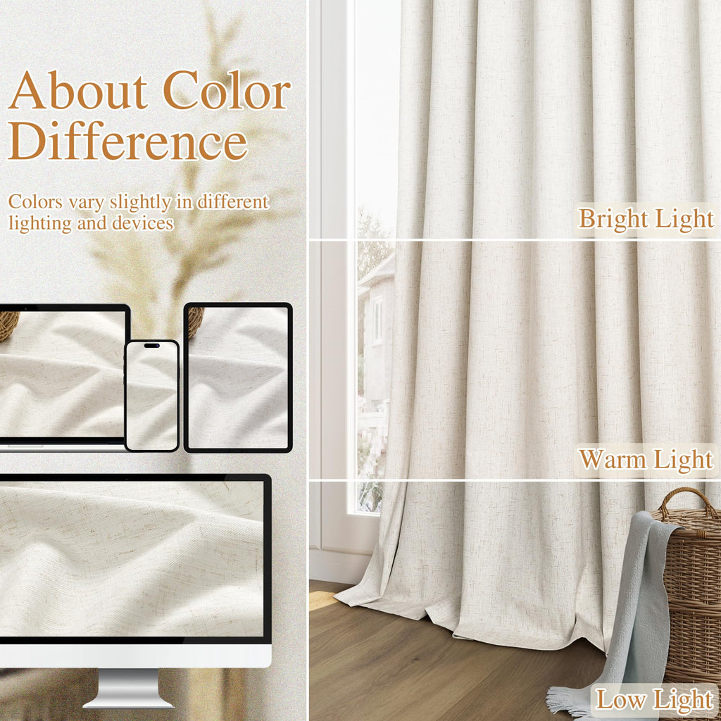 Guken 100% Blackout Linen Curtains 84 Inch Long for Bedroom 2 Panels Cream