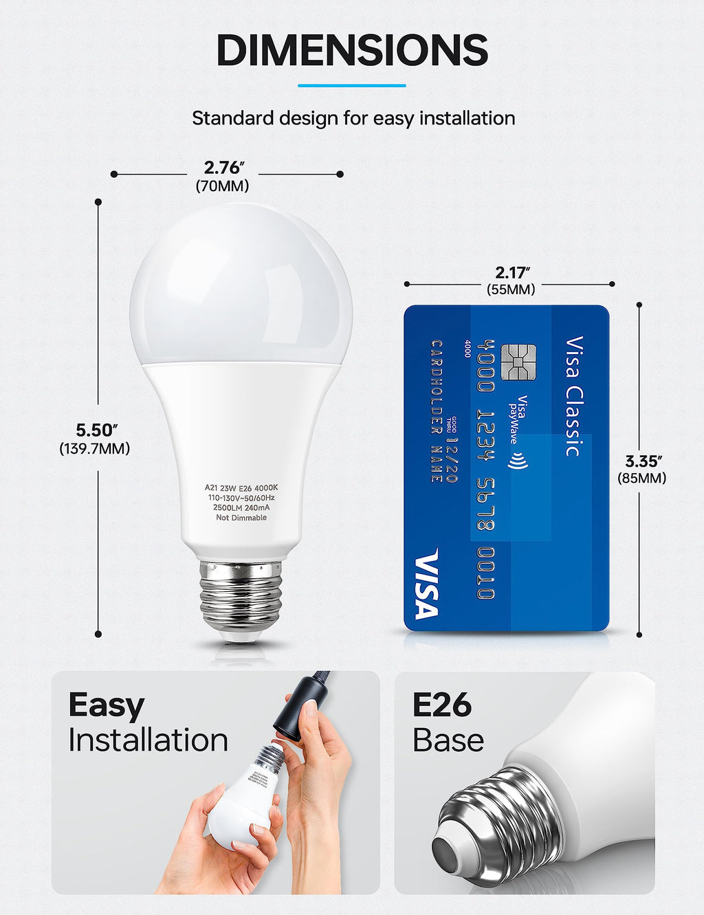 KINDEEP A21 LED Bulbs, 150-200 Watt Equivalent High Watts Bulbs, 23W Super Bright Light Bulbs E26 Base, 2500 Lumens, 4000K Natural White for Your Home Office, Store, Garage, Warehouse, Non-Dim, 6-Pack