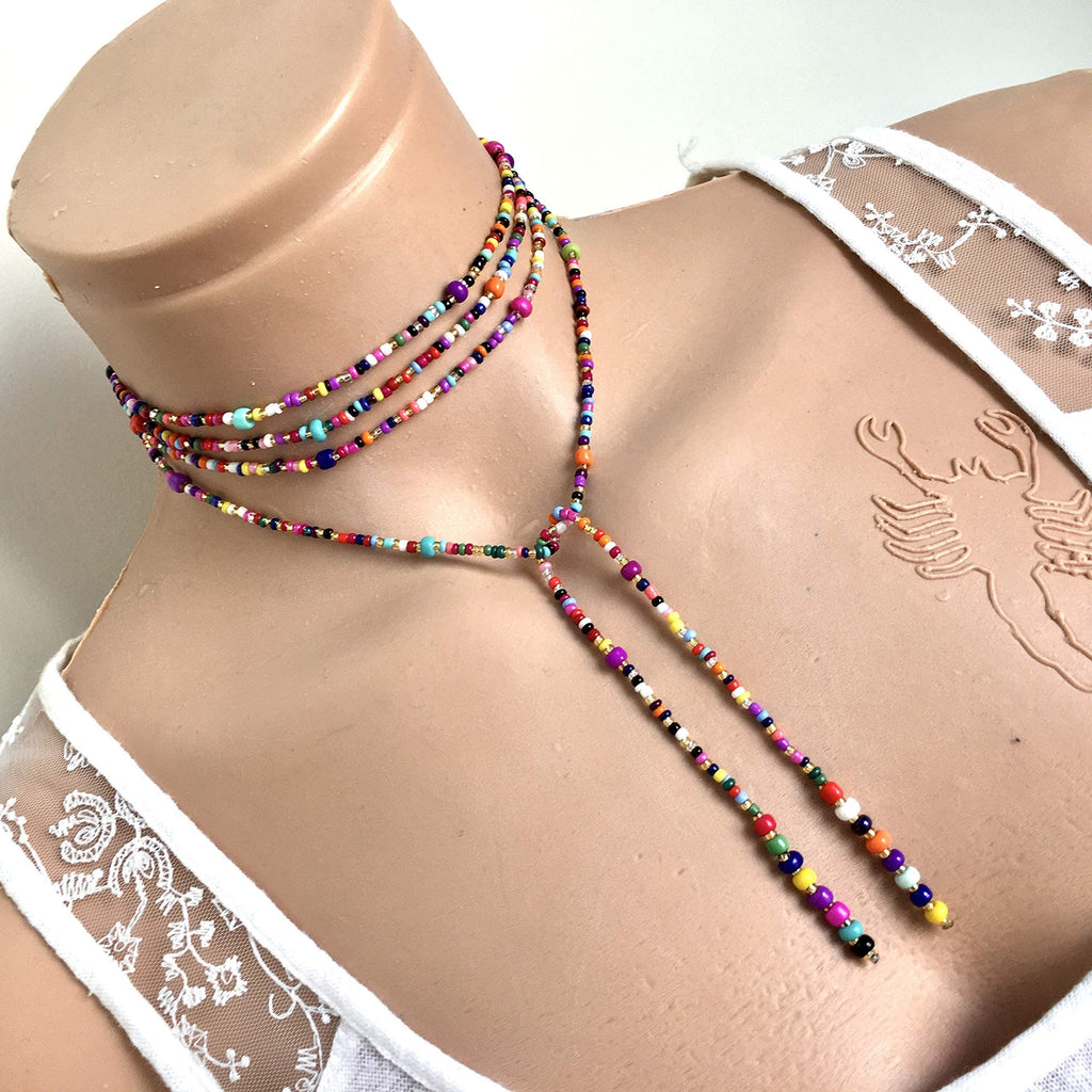 Colorful Bead Necklace, Long Tie Choker, Wrap Necklace, Wrap Seed bead, Lariat Necklace, Christmas Gift Woman, Wrapped Beaded Choker