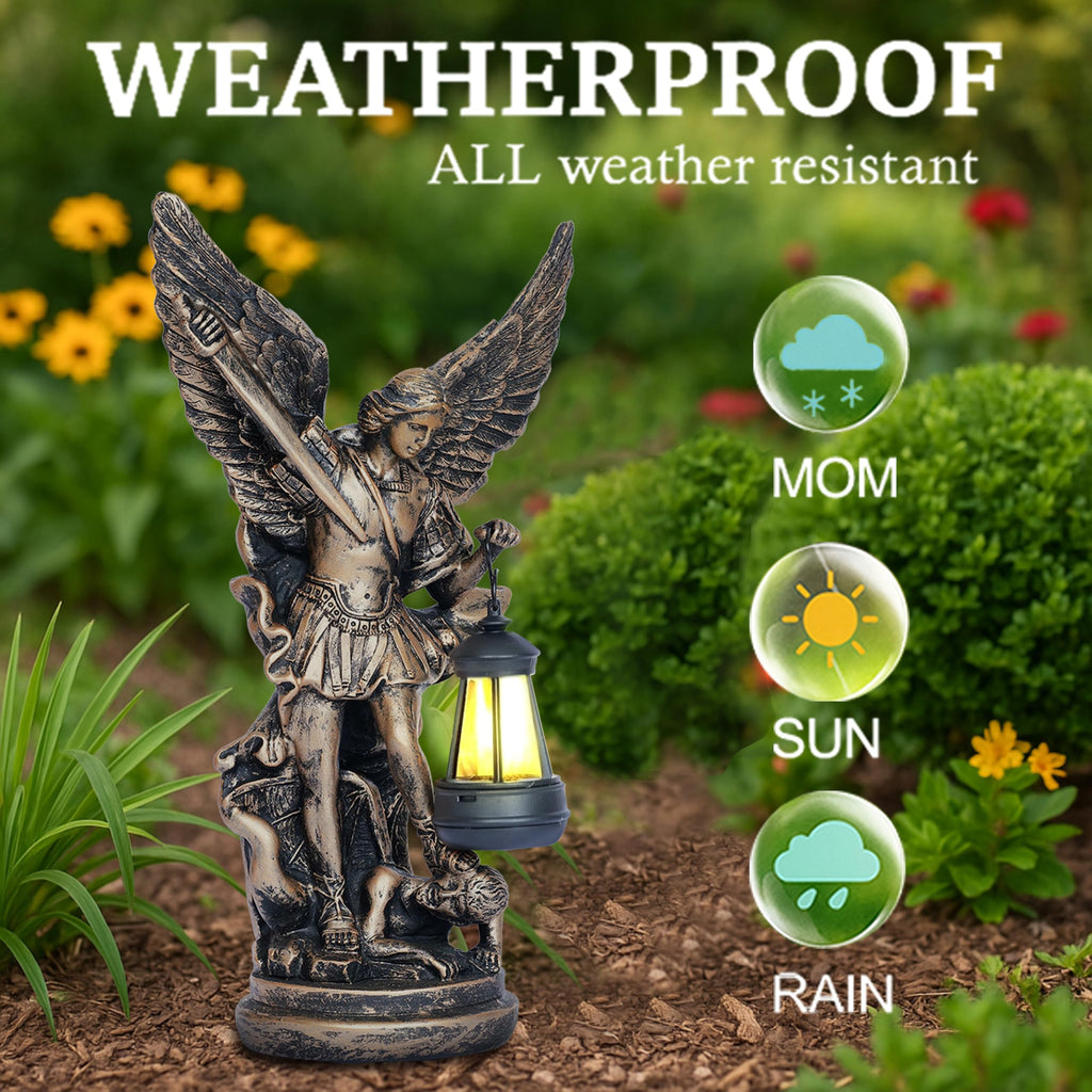 Solar San Miguel Arcangel Outdoor Garden Decor Statues 12.4" Solar St Michael the Archangel Satue for Yard Patio Lawn Porch Decorations Resin St Michael Figurine Religious Collection Sculptures Gifts