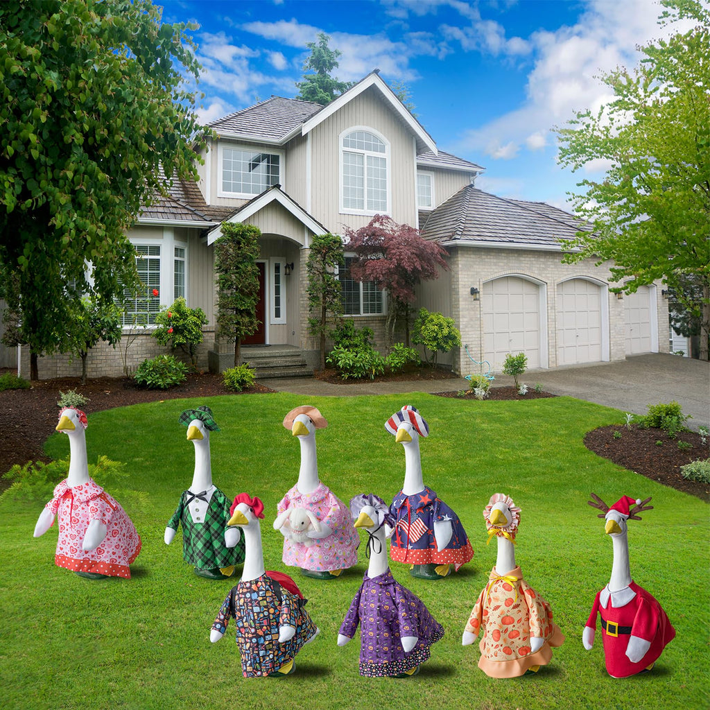 8 Set Holiday Porch Goose Outfits, All Seasons Bundle for Valentine St. Patrick Easter Summer 4th of July Fall Halloween Christmas - 23" Porch Goose Statue Patio Yard Decor