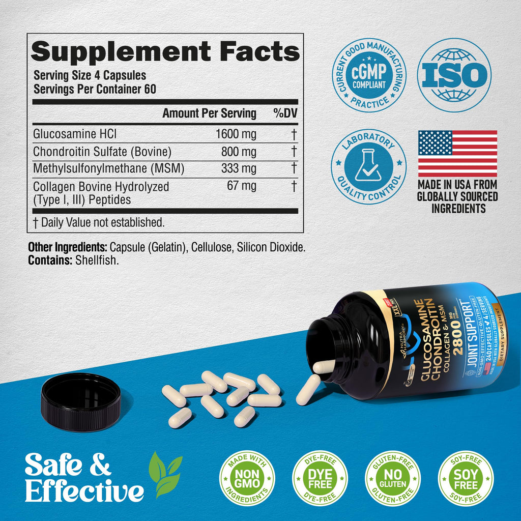 Glucosamine Chondroitin MSM Collagen | HSA | Joint Support Supplement 2800 mg | Made in USA | FSA Approved Product Items | Flexibility Nutritional Vitamins | For Men & Women, 240 Capsules
