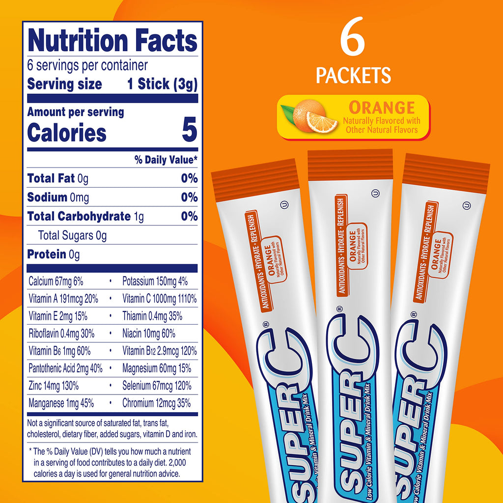Super C Vitamin & Mineral Drink Mix, Orange, 6 CT Singles To Go, Pack Of 12 (72 Total Packets)