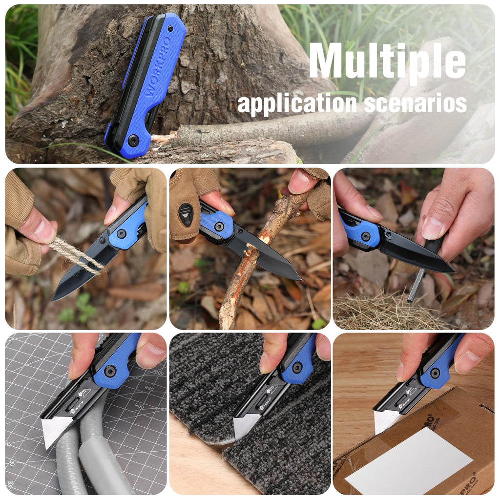 WORKPRO 2-in-1 Folding Knife/Utility Knife, Quick-Change Box Cutter with Belt Clip, Liner Lock, and G10 Handle, Extra 10 SK5 Blades Included, Blue