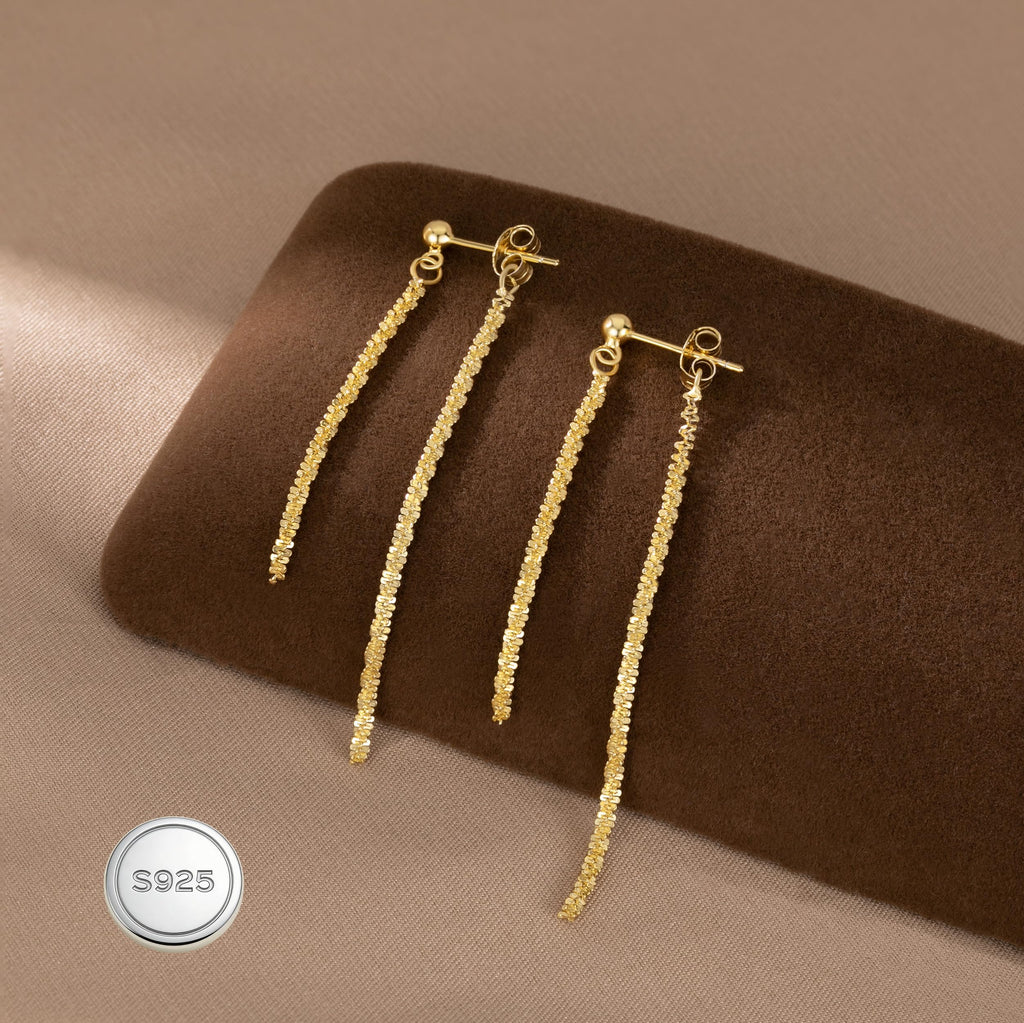 Reffeer Solid 925 Sterling Silver Tassel Chain Dangle Earrings for Women Teen Girls Minimalist Dangle Earrings Drops (B-18K Gold)