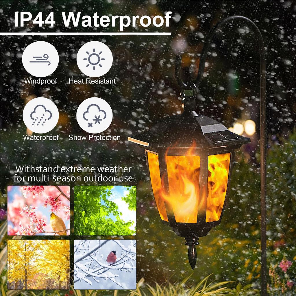 Dynaming 4 Pack Solar Flame Hanging Lights Outdoor, Halloween Solar Flickering Flame LED Garden Lanterns with 4 x 38 Inch Shepherd Hooks, Christmas Lighting for Lawn Patio Yard Pathway Driveway
