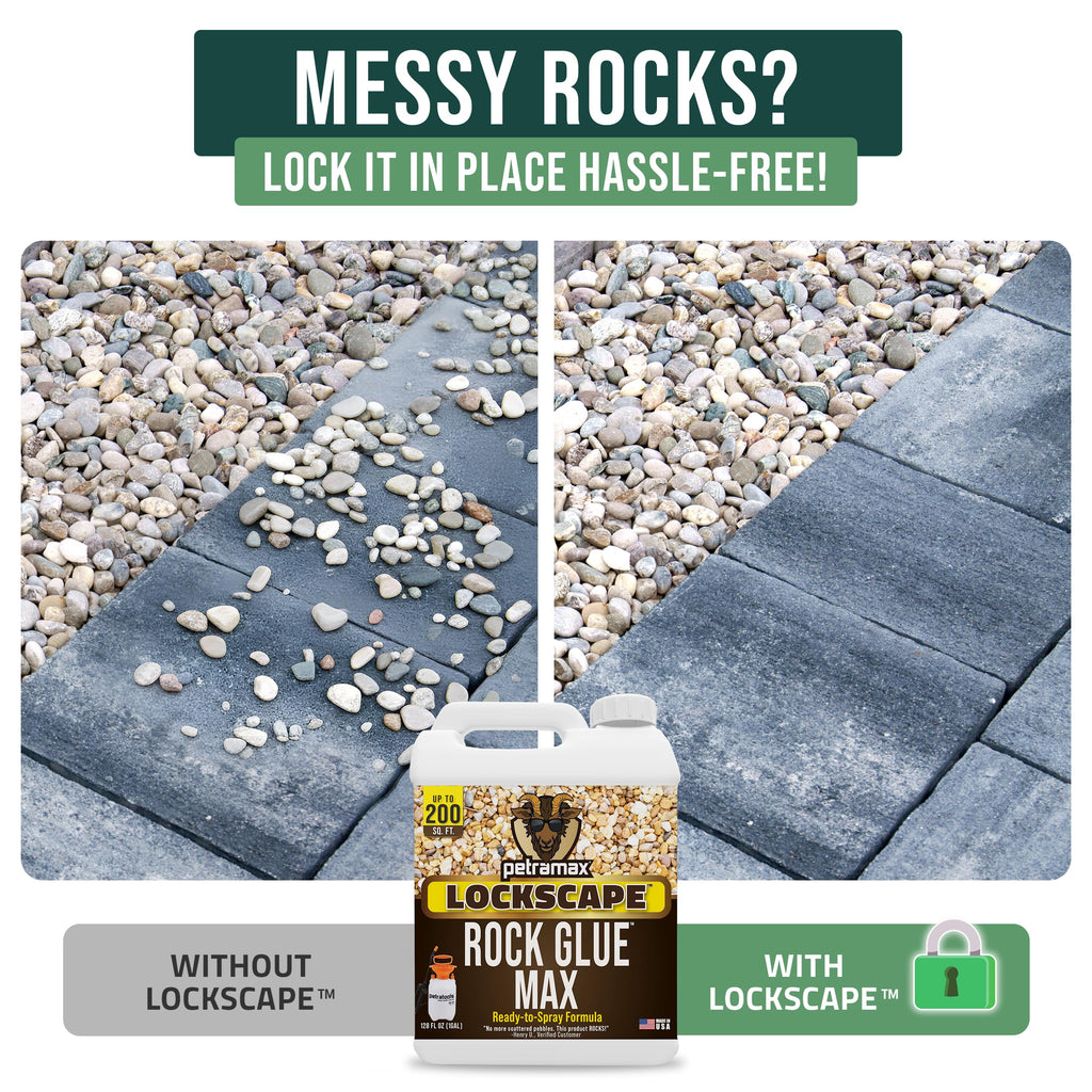 PetraMax Lockscape Rock Glue for Landscaping, 1 Gal (Made in USA) - 100% Permeable & Pet-Safe Landscape Adhesives for Stones & Pebbles - Ready to Spray Pea Gravel Binder & Mulch Glue for Landscaping