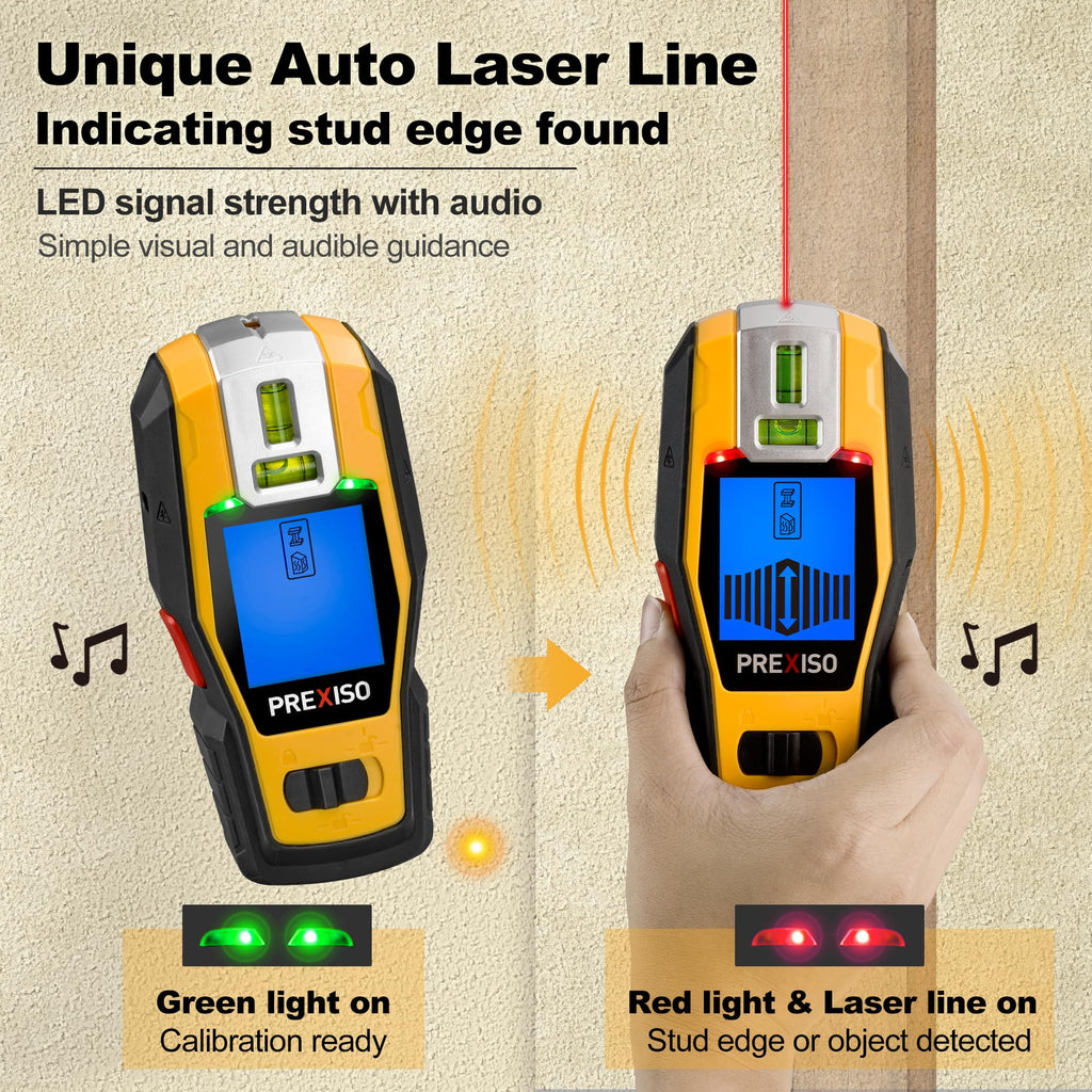 PREXISO 2-in-1 Stud Finder with Laser Level, Rechargeable Multi Surface Cross Line Laser & Wall Stud Scanners Tool for Hanging Frames & Picture, Wood Ac Wire Metal Studs Pipe Detection Gift for Dad