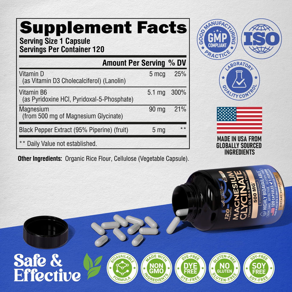 Magnesium Glycinate 500 mg - Chelated Supplement - High Absorption Form of Magnesium - Support for Sleep, Muscle & Heart Health - Made in USA, Lab Tested & Non-GMO - 120 Capsules