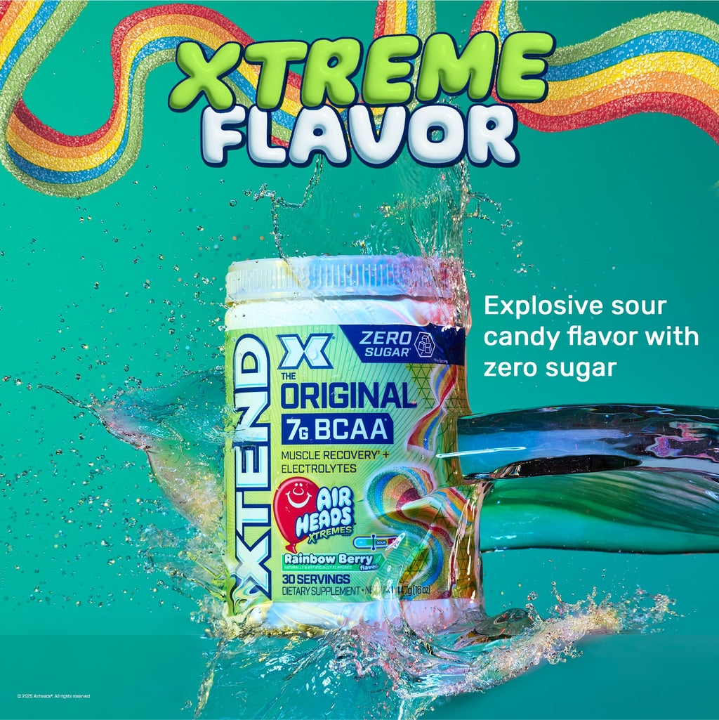 Xtend Original BCAA Powder, 7g BCAAs and 2.5g L-Glutamine for Muscle Recovery, Hydration, and Lean Muscle, Sugar Free Intra and Post Workout Drink, Airheads Xtreme Rainbow Berry, 30 Servings