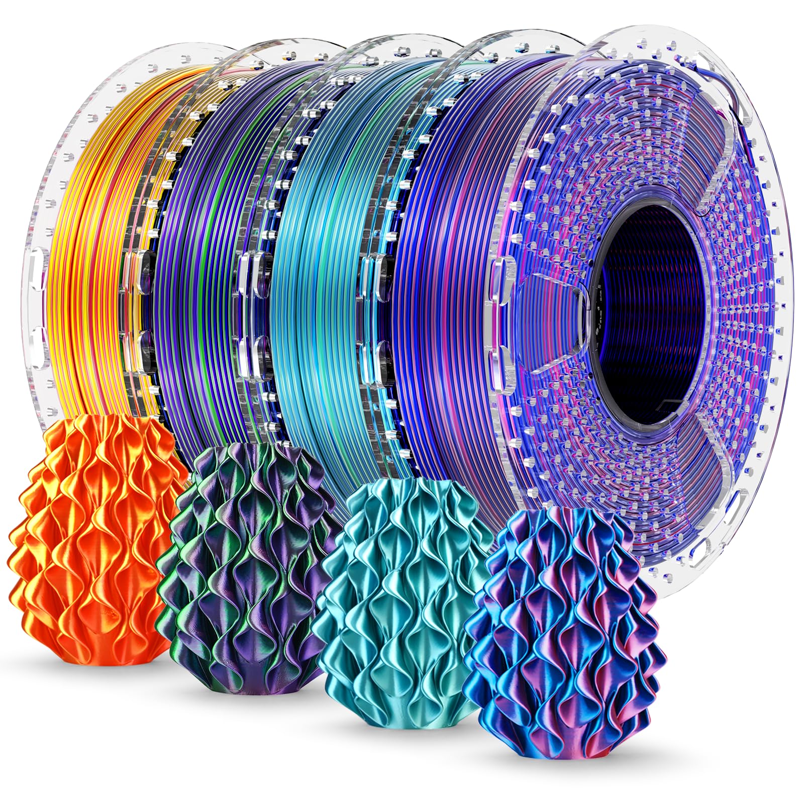 SUNLU Silk PLA+ Filament 1.75mm Multicolor 250gx4, Silky Glossy PLA Plus 3D Printer Filament Bundle for Bambu Lab 3D Printers, Red Gold+Blue Green+Red Blue+Green Purple