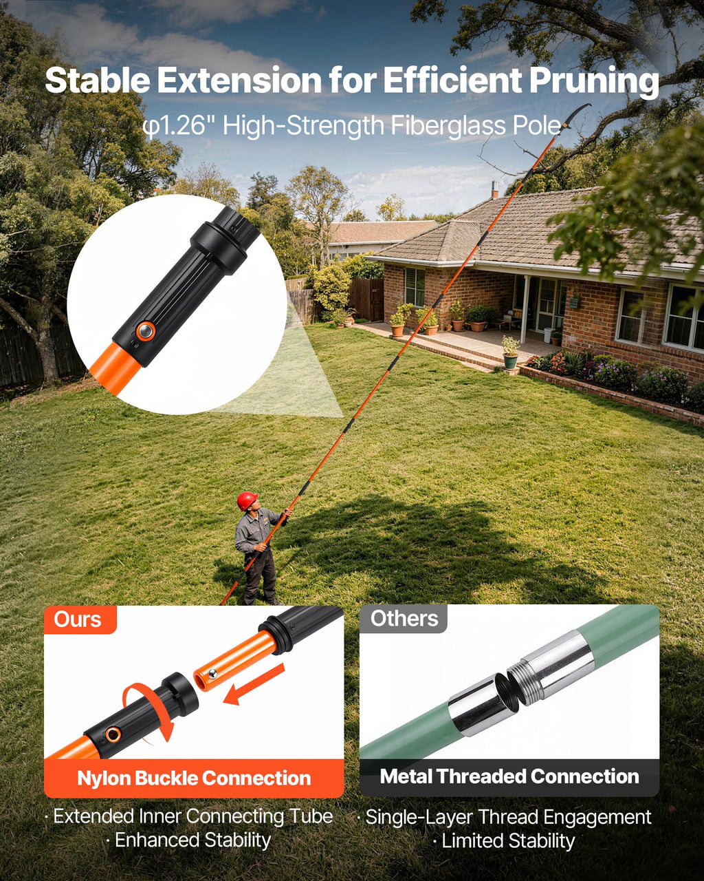 VEVOR Manual Pole Saw, 7.3-27 ft Extendable Tree Pruner, Sharp Steel Blade High Branches Trimming, Manual Branch Trimmer with Lightweight 8 Fiberglass Handles, for Pruning Palms and Shrubs