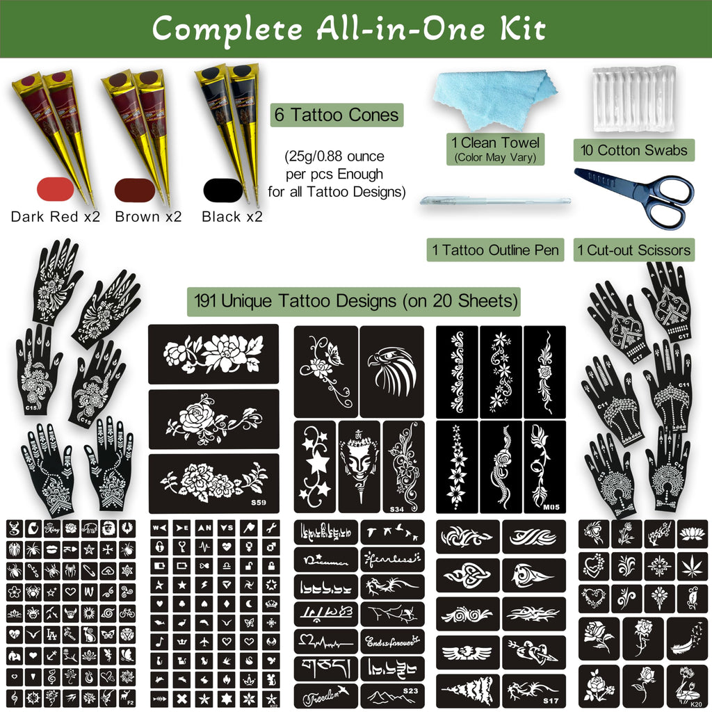 XWGLFT 191 Pcs Temporary Tattoo Stencils Kit, 6 Cones (2Black,2Brown,2Red)