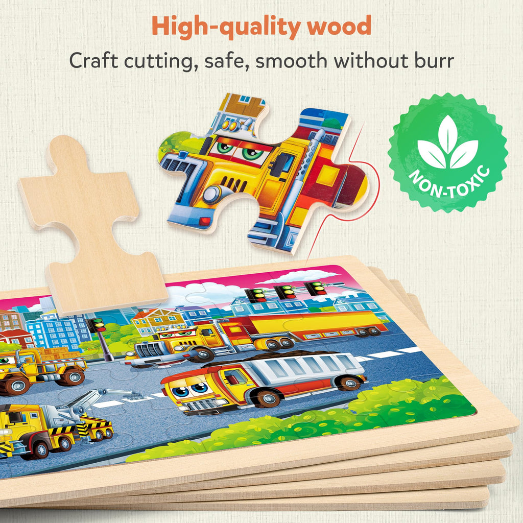 SYNARRY Large Wooden Construction Vehicle Puzzles for Kids Ages 4-6