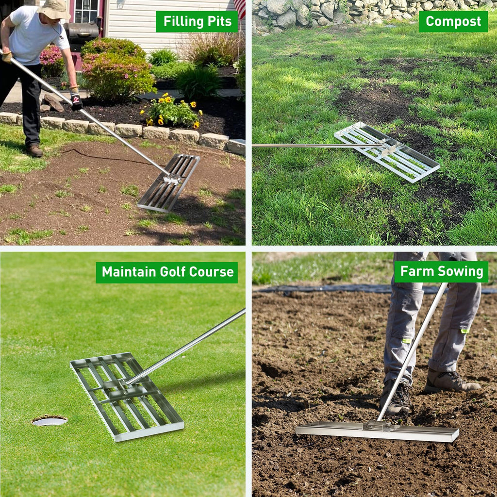 GreatBuddy Lawn Leveling Rake 30'' x 10", Heavy-Duty Stainless Steel Lawn Leveling Tool for Lawn, Soil, Sand, 78'' Extra Long Handle, Ideal for Yard, Garden