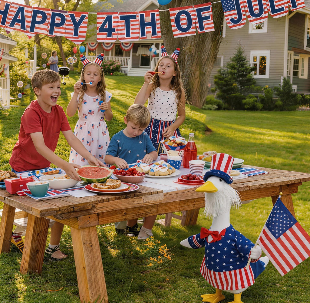 Flying Childhood 4th of July Porch Goose Outfit, 23’’ Lawn Goose Statue Uncle Sam Patriotic Geese Costume, Independence Day Yard Goose Clothes for Garden Patio US 250th Anniversary Decoration