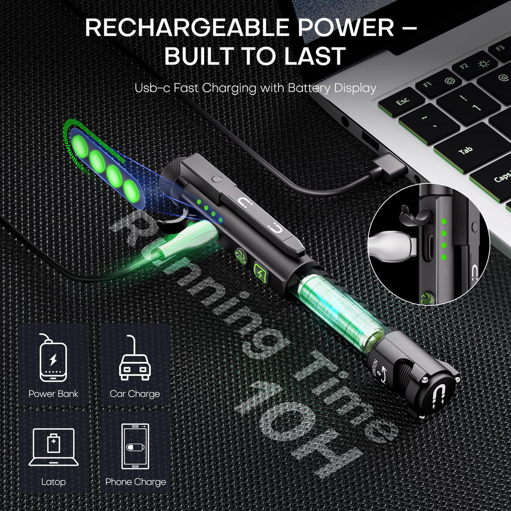 PASIION EDC Flashlight Rechargeable,800 Lumen Small Flashlight with Magnetic Clip & Base, 11 Modes LED Flashlight,Glass Breaker&Bottle Opener, USB-C Flashlight for Working,Home and Emergency