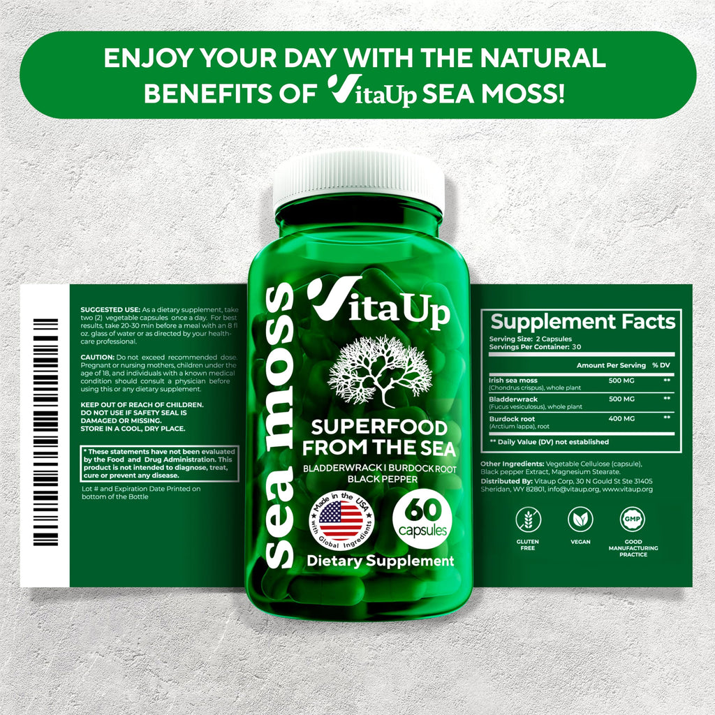 VitaUp Wildcrafted Irish Sea Moss Capsules with Burdock Root & Bladderwrack - USA Made Sea Moss Advanced for Hair, Skin, Immune & Energy Levels Support - SeaMoss Pills - 60 Vegan Capsules
