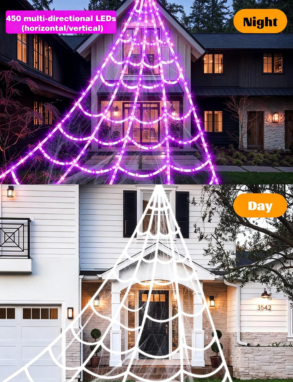 LCHUANG Spider Webs Halloween Decor Lights - 450 LEDs Outdoor Halloween String Lights with Light Up Spider,8 Modes Remote Control 16.4Ft Spiderweb,Waterproof (New Purple Grid Luminous Net)