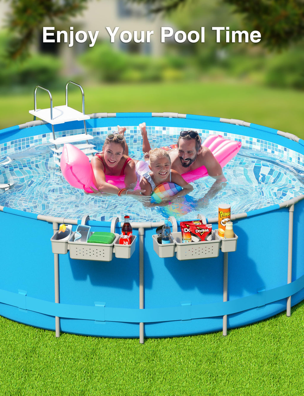 POOLHOUR [Patented] Poolside Storage Basket with 2 Cup Holders, Stretchable Above Ground Pool Accessories Organizer, Multifunctional Poolside Holder for Most Frame Pool Accessories (1Pack)