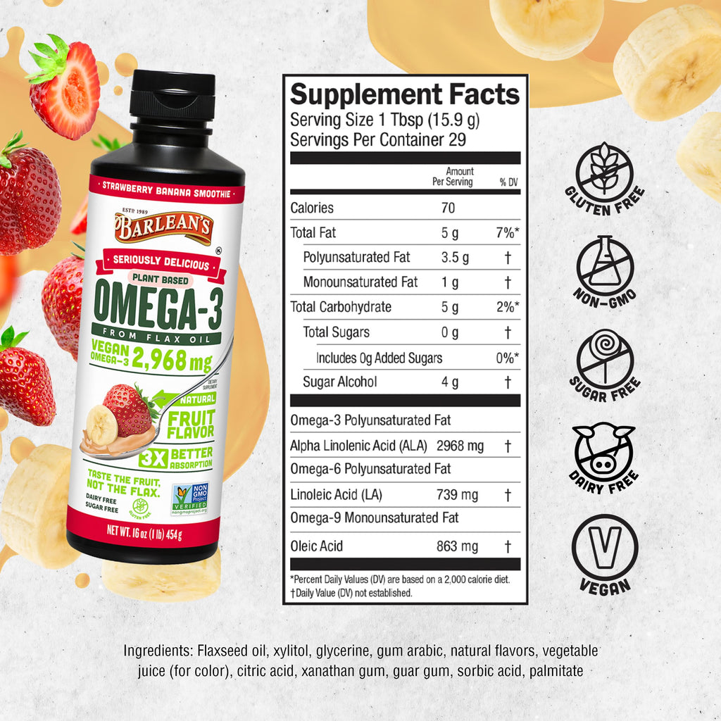Barlean's Vegan Omega 3 6 9 Flaxseed Oil Liquid Supplement, Strawberry Banana Smoothie, Flax Seeds Oil with 2,968 mg ALA Fatty Acid, Non-GMO and Gluten Free, 16 oz