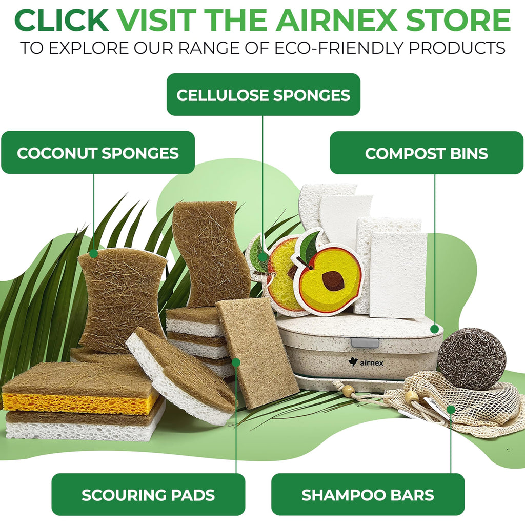 AIRNEX Natural Kitchen Sponges (12 Pack) - Biodegradable Cellulose & Coconut Scrubber Dish Sponges for Kitchen - Eco-Friendly, Non Scratch, Compostable, Non Toxic S-Shaped Natural Sponges for Dishes