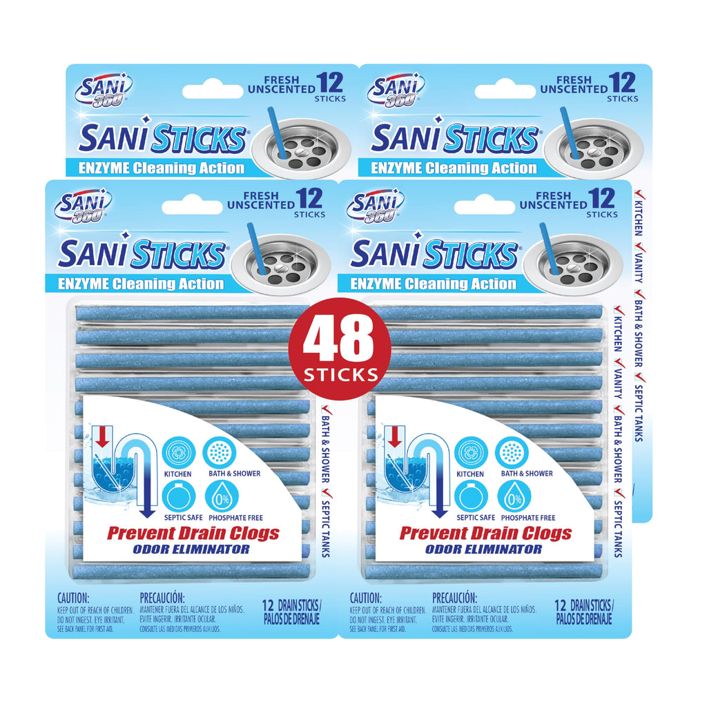 SANI 360° Sani Sticks Drain Cleaner and Deodorizer, 48 Count, Unscented Enzyme Pipe Cleaners, Eliminate Odors, Prevent Clogged Drains, Safe for Sinks, Bathtub Drains, Septic Tanks