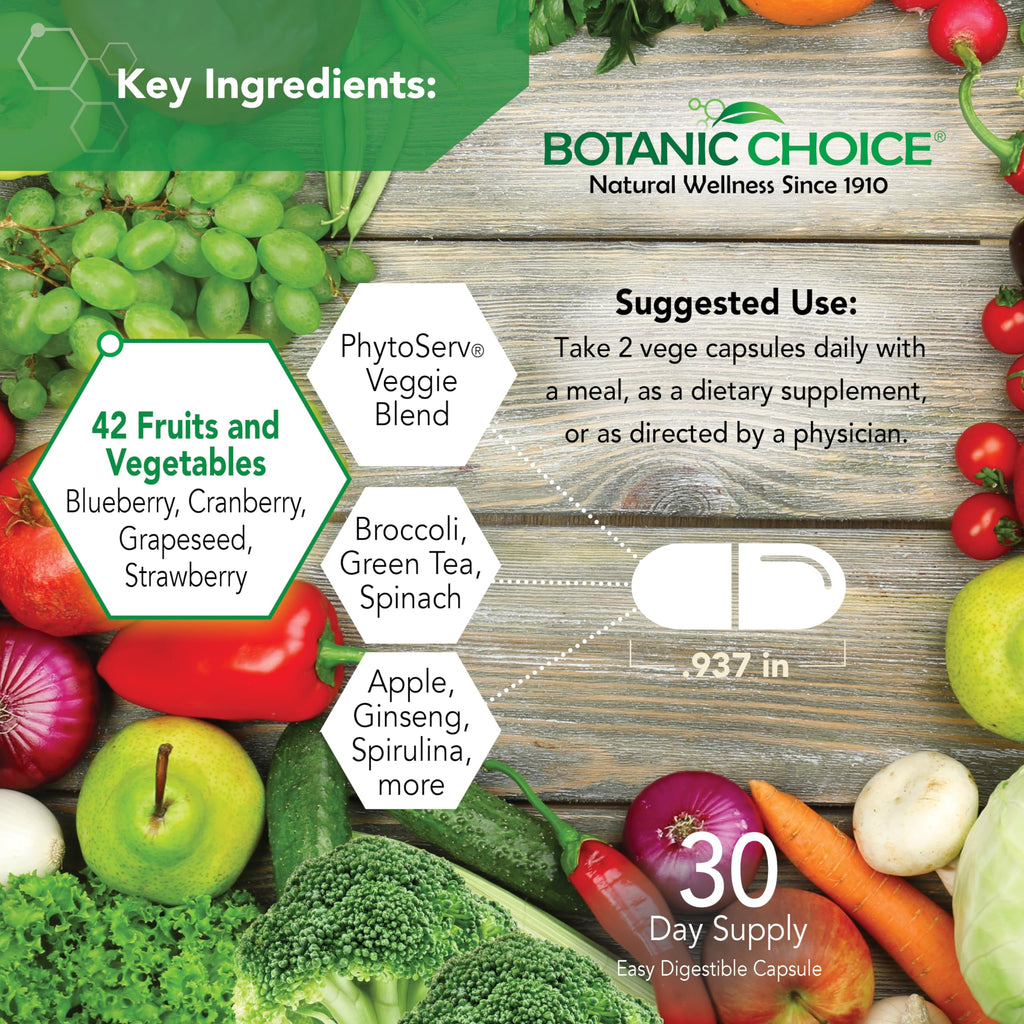 Botanic Choice Since 1910 - Mega Fruits & Veggies Blend - 42 Fruits and Vegetables - 2 Caps Daily - 60 Count Supplement