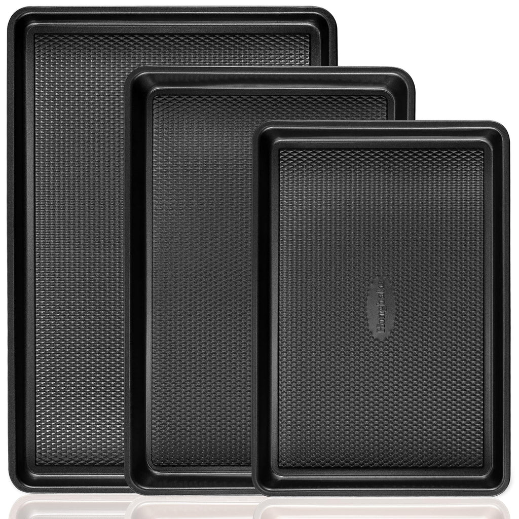 Cookie Sheets for Baking Nonstick - HONGBAKE Baking Sheet Pan Set of 3, Half/Quarter/Jelly Roll Pan for Oven with Diamond Texture Pattern, 57% Thicker Carbon Steel Cookie Trays, Dark Grey