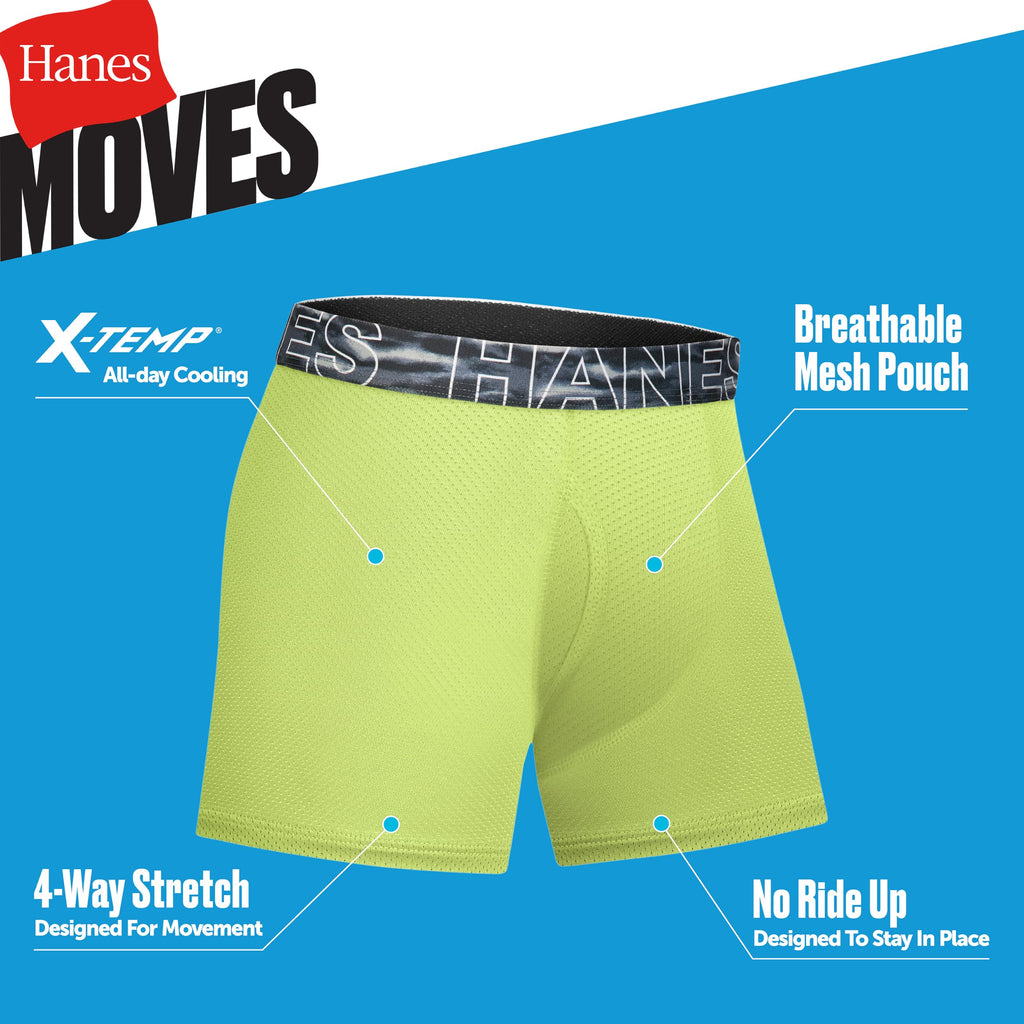 Hanes Boys' Moves Performance Underwear Boxer Brief, 6-pack, All Over Mesh Moisture Wicking Boxer Briefs, Large