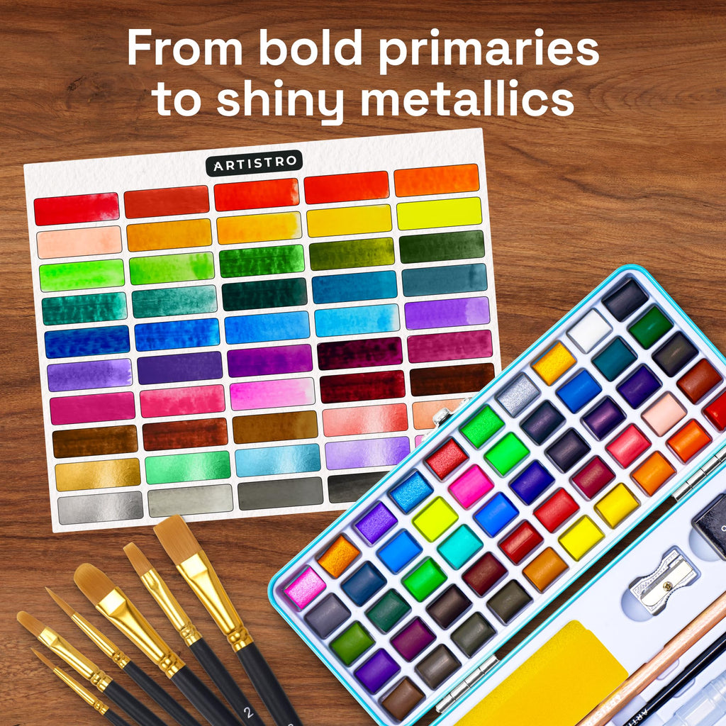ARTISTRO 50 Colors Watercolor Paint Set with Palette & Brush Pens