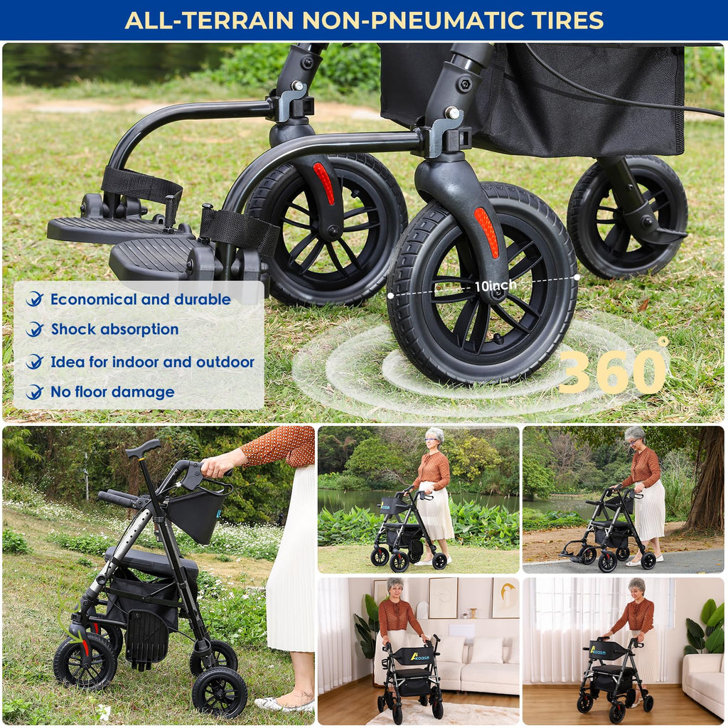 Foldable Rollator Walker for Seniors with Seat, Lightweight 2 in 1 Rolling Walkers Wheelchair Combo for Adult, Transport Chair with Brakes, Adjustable Seat and Handle, 300 Lb, Steel Grey