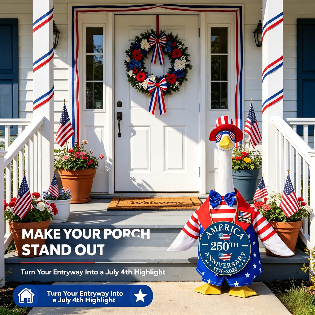 Porch Goose Outfit for 4th of July, America 250 Patriotic Goose Clothes for 23 Inch Lawn, Independence Day Porch Decor with Hat & Glasses, America 250th Anniversary Goose Outfit, 1776–2026 Sign & Pin