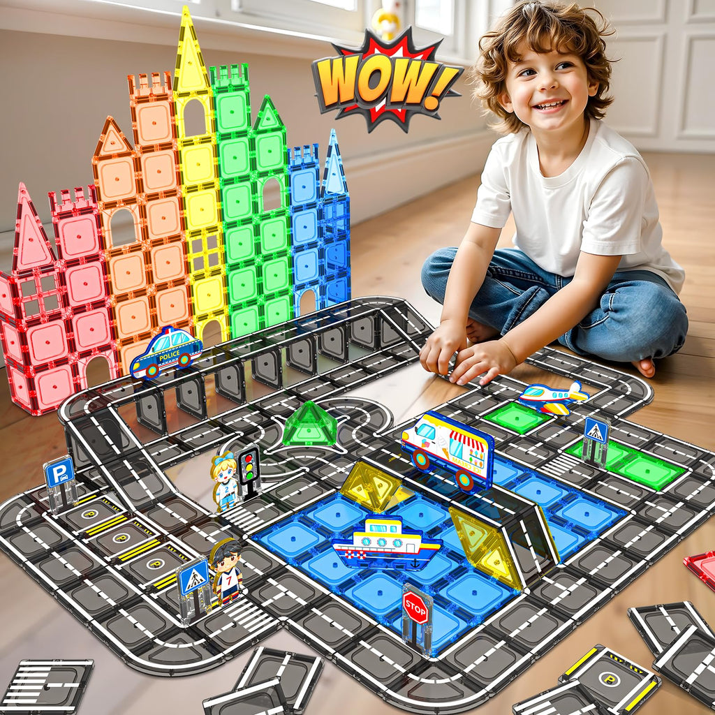 IGIVI 104 PCS Magnetic Tiles Road Set, STEM Construction Toys for Kids Ages 3-5 5-7 4-8, Magnet Building Blocks for Toddler Toys Games, Christmas Birthday Gifts for 3+ Year Old Boys Girls